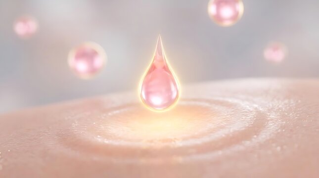 Pink liquid droplet falling onto skin texture