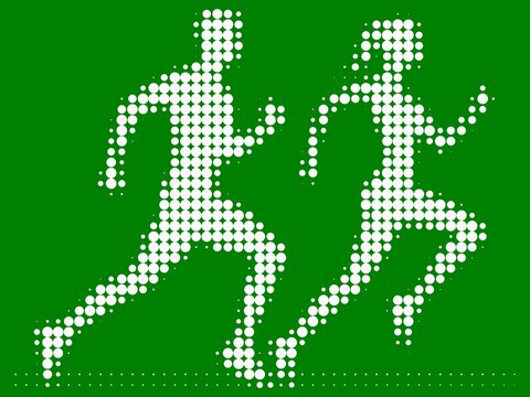 White halftone dot silhouettes of running man and woman on green background
