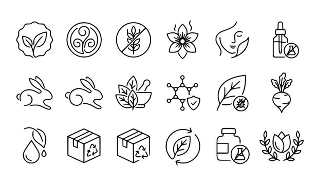 Organic Vegan Clean Beauty Gluten Free Cruelty Free and Natural Product Line Vector Set