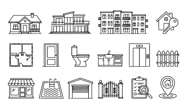 Property Management House Villa Apartment Key Floor Plan Pool and Housing Thin Line Vector Set