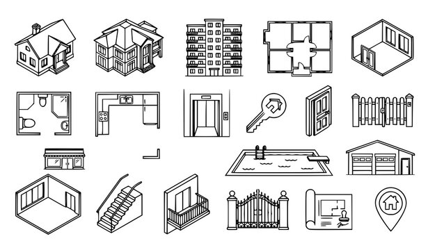 Real Estate Interior House Villa Floor Plan Bedroom Kitchen Bathroom and Pool Line Icons
