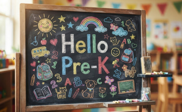 Chalkboard with Hello Pre-K text and colorful drawings for preschool and kindergarten classroom education