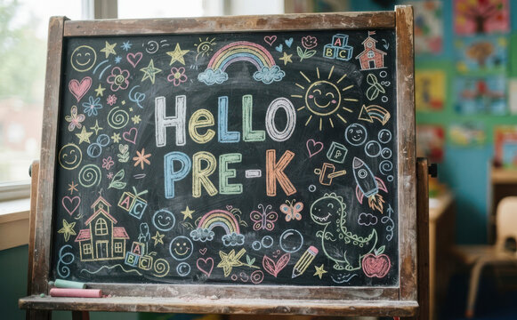 Chalkboard with Hello Pre-K text and colorful drawings for kindergarten and preschool education classroom decoration concept