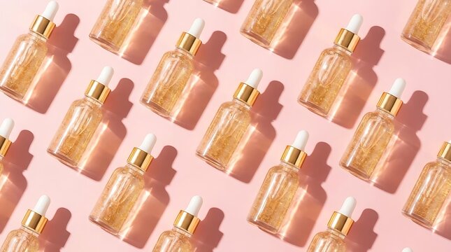 Seamless pattern of golden serum dropper bottles