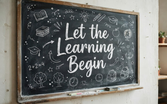 Let The Learning Begin Chalkboard Sign With Education Doodles And School Concept Illustrations For Classroom Setup And Academic Success
