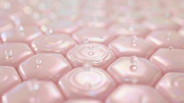 Seamless pattern of pink iridescent hexagonal shapes with water droplets