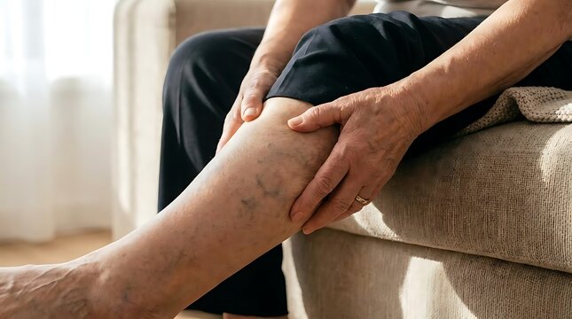 Senior person touching leg with varicose veins
