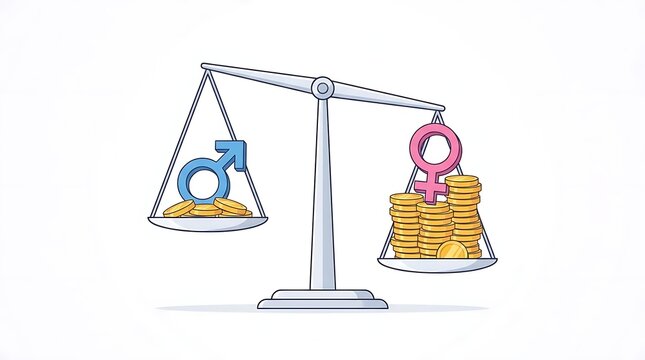 Unbalanced scale with gender symbols and gold coins
