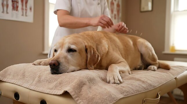 Veterinarian performing acupuncture on dog