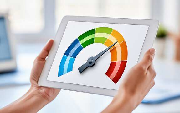 Person holding a tablet displaying a colorful gauge chart indicating performance level or status