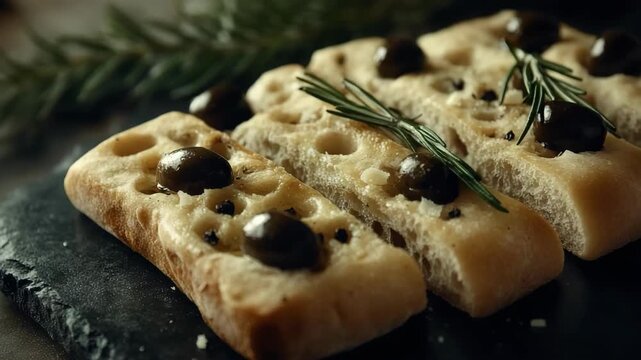 Deliciously baked bread slices topped with black olives and garnished with fresh rosemary sprigs. A gourmet delight ready to be savored.