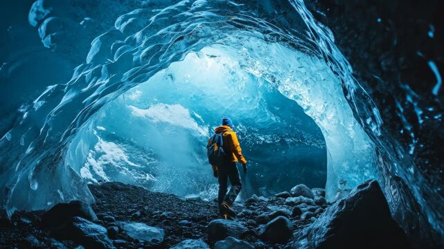 Person exploring underground cave, with blue light and ice formations.