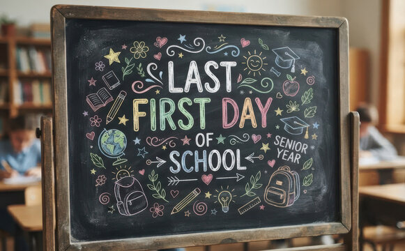 Last first day of school chalkboard sign for senior year education concept with colorful chalk drawings of books, backpack, and graduation cap in a classroom