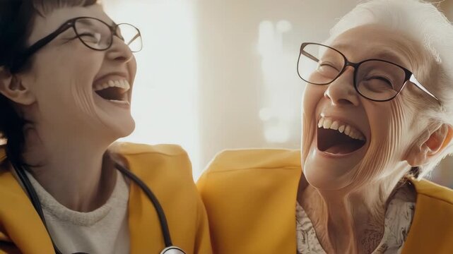 Two women laugh together, wearing matching yellow jackets. Glasses frame their joyful, open-mouthed expressions. Stethoscope rests against one woman's collar
