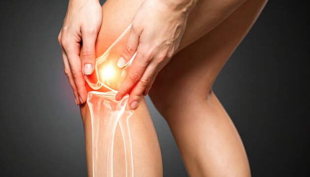 Woman holding painful knee with glowing anatomical bone illustration, highlighting joint injury or arthritis