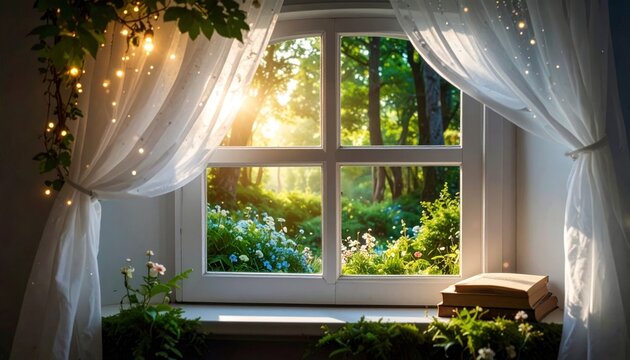 Cozy window view of a sunlit forest garden with fairy lights, sheer curtains, and books on the sill