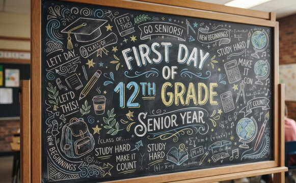 Chalkboard sign for the first day of 12th grade senior year in a high school classroom representing education, back-to-school concepts, and academic milestones.