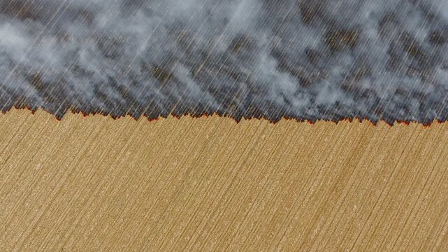 Aerial stubble burning over dry farmland with smoke and fire, severe environmental damage.