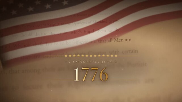Independence Day Title Animation Over American Flag and Historic Declaration