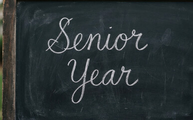 Fototapeta premium Senior Year handwritten chalk text on a dark blackboard background representing graduation education and academic milestone themes