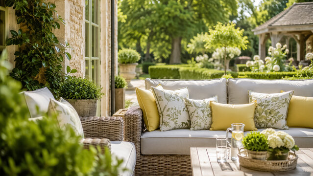 Wicker patio sofa with soft cushions and decorative pillows, creating a comfortable outdoor living space in a beautiful classic garden
