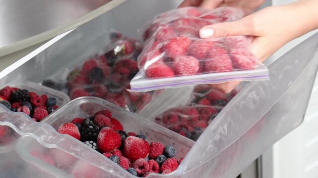 Woman with different frozen berries in freezer indoors, closeup