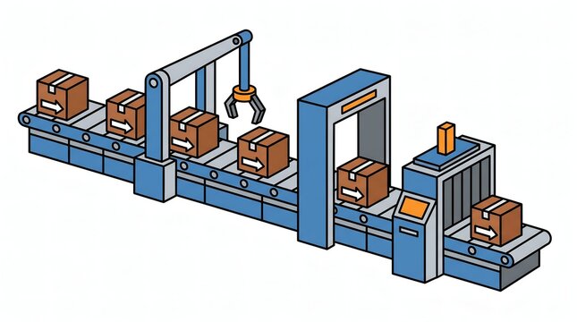 Automated conveyor belt system with robotic sorter scanner and packaging boxes in factory illustration