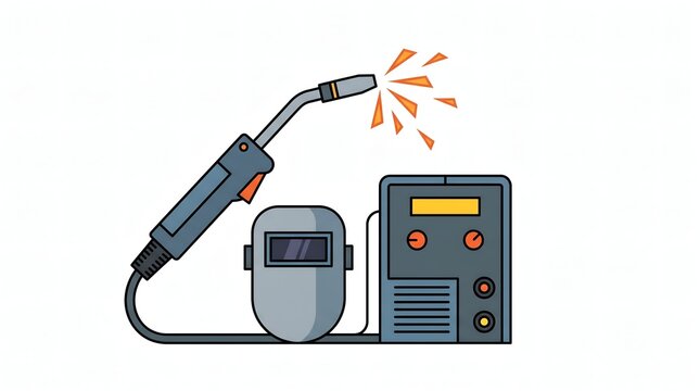 Flat vector illustration of a welding machine kit with torch, mask helmet, power source, and sparks isolated on white background