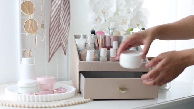 Woman putting cosmetic product into drawer of holder at white table indoors, closeup