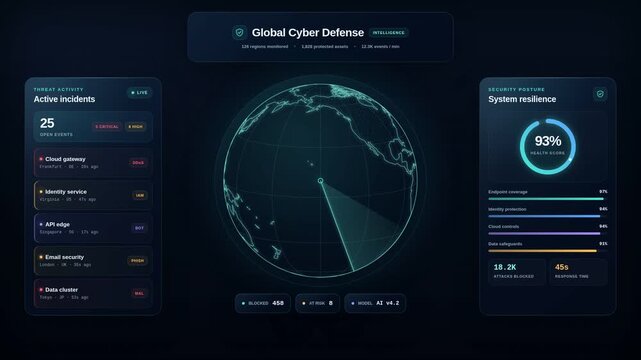 Global Cyber Defense Dashboard Monitors Incidents on Rotating Digital Globe