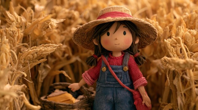 A child stands in a clay wheat field, collecting handmade stalks during the harvest. The scene shows warm colors and details of the process.