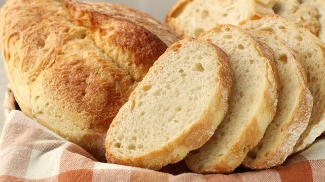 Fresh loaf and sliced bread in basket, closeup. Camera moving