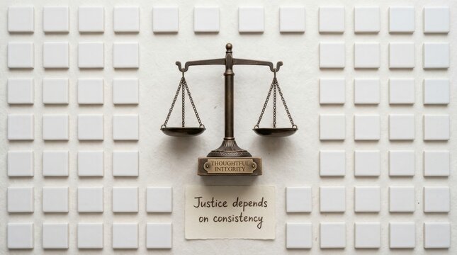 Bronze scales of justice stand centered on a white textured background surrounded by square tiles with a handwritten note stating justice depends on consistency representing legal and moral integrity