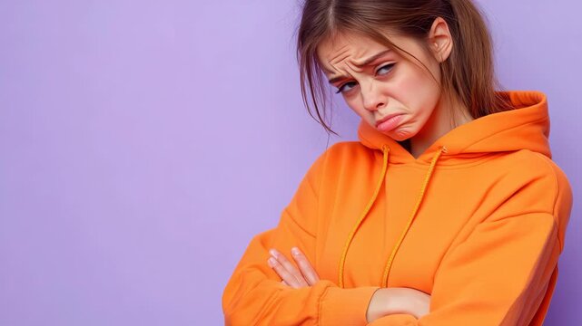 Close-up of a girl's face showing concern and distress, against blurred blue background.