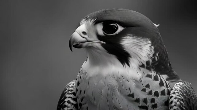 Focused gaze of a peregrine falcon in grayscale. Sharp eyes and detailed feather patterns captured. Stunning close-up portrait with natural depth of field