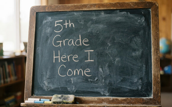 5th grade here I come written on a chalkboard in a classroom, concept for back to school education and starting elementary school