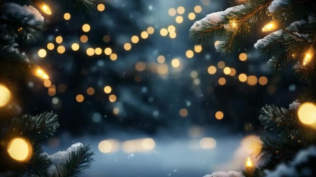 A festive scene with snow-covered pine trees and string lights glowing in the dark night sky during a gentle snowfall.