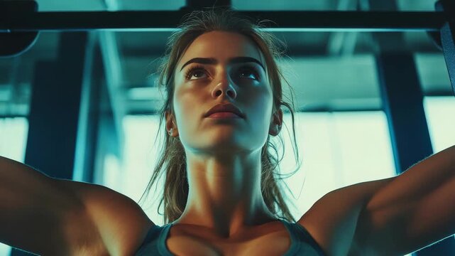 Woman in gym with arms flexed.