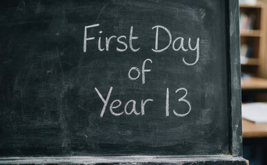 Fototapeta premium First Day of Year 13 Written on Blackboard in Classroom Representing Senior High School Student Return and Education Concept