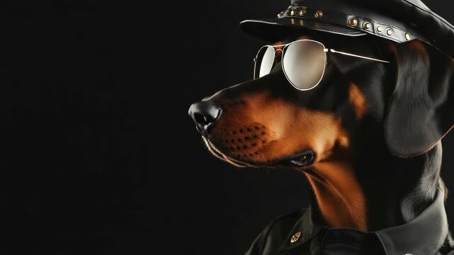 A Doberman wearing a police uniform and sunglasses with a serious expression.
