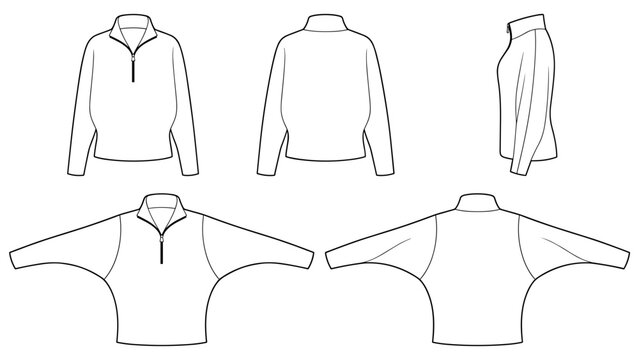 Women's Oversized Batwing Sleeve Quarter Zip Sweatshirt Flat Technical Drawing Illustration Mock-up Template for Design and Tech Packs Women's Fashion CAD Streetwear