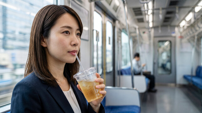 電車内でテイクアウトのドリンクを飲み休息するビジネスパーソン