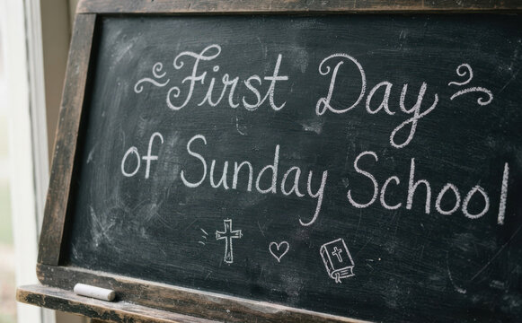 Chalkboard with First Day of Sunday School handwritten message with a cross, heart, and Bible illustration for religious education concepts