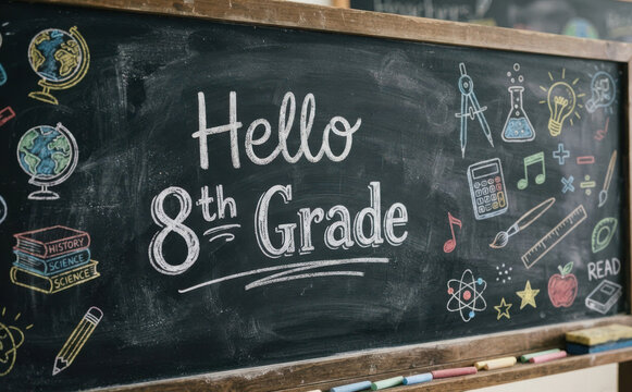 Hello 8th grade chalkboard back to school concept with educational drawings and classroom supplies for middle school education and student learning