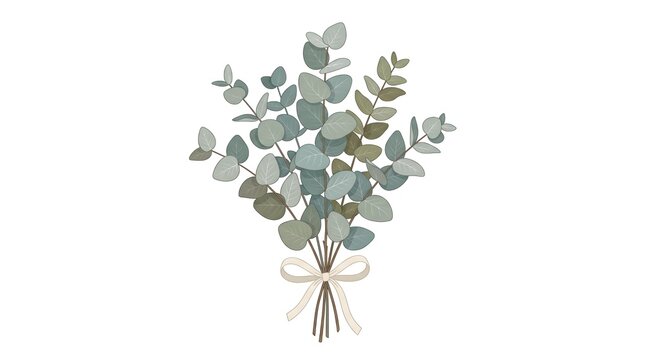 Dried Eucalyptus Bundle Bow Sheen Texture &mdash; Sage Sea Green Elegant Flat Vector