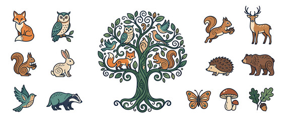 Obraz premium Whimsical Woodland Creatures and Tree Illustration Isolated