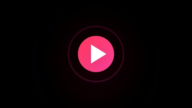 A glowing pink circular play button icon pulses gently against a dark background creating a modern