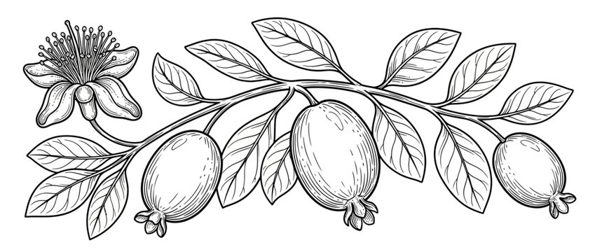 Vintage botanical illustration of feijoa fruit and flower on branch