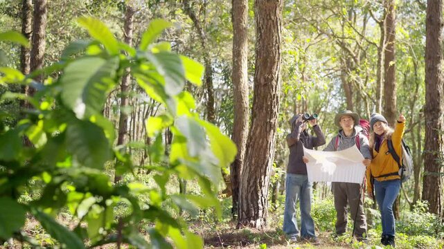 Group of Asian adult friends hiking in forest checking paper map together backpack travelers planning route on woodland trail. People enjoy outdoor adventure active lifestyle, nature travel exploratio