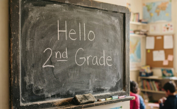 Welcome to second grade chalkboard with handwritten text in a classroom setting for elementary education and school concepts